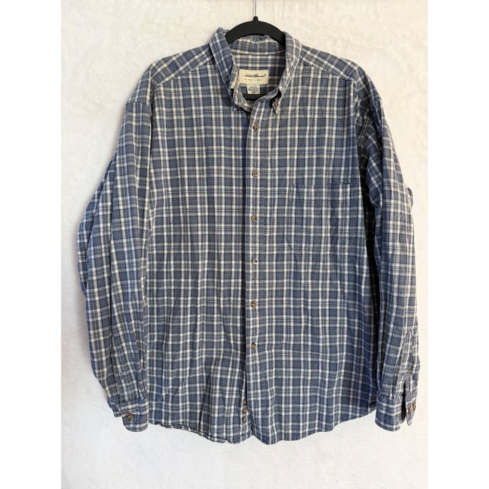 Eddie Bauer Mens XL Plaid Button Down Shirt Blue White Long Sleeve Cotton Tops